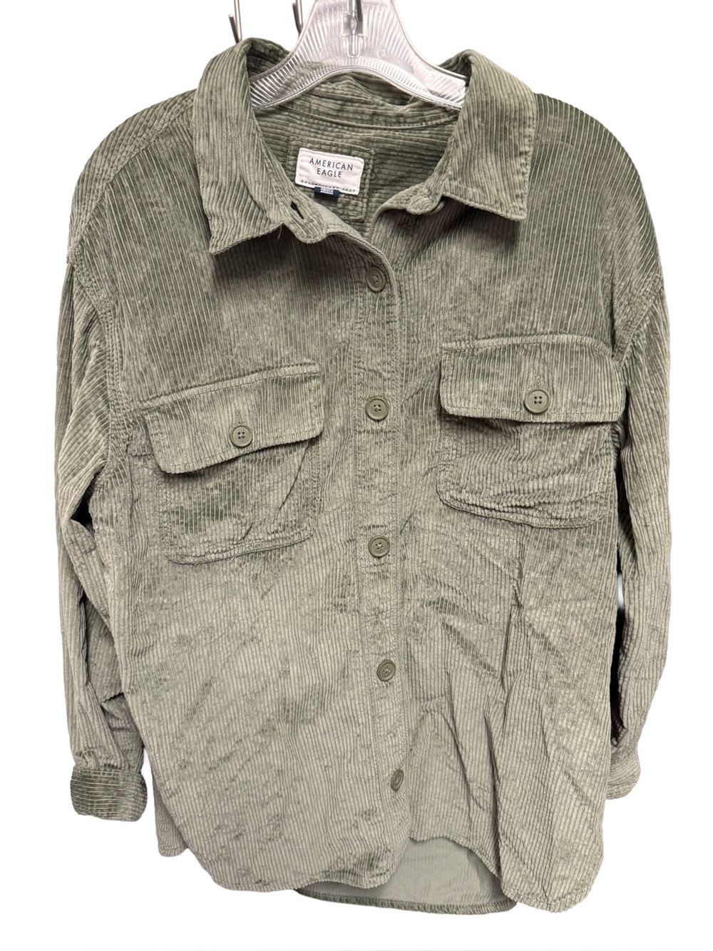 American Eagle Women’s Medium Olive Corduroy Button-Front Shirt preppy